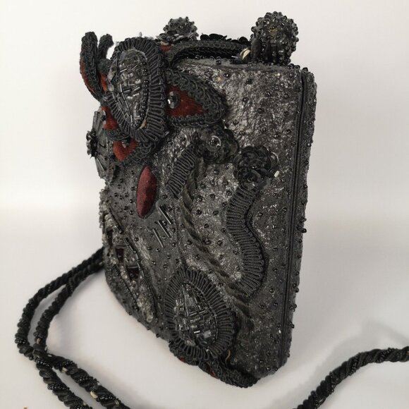 VTG Mary Frances Black Burgundy Velvet Embellished Beaded Small Shoulder Bag - Picture 4 of 16